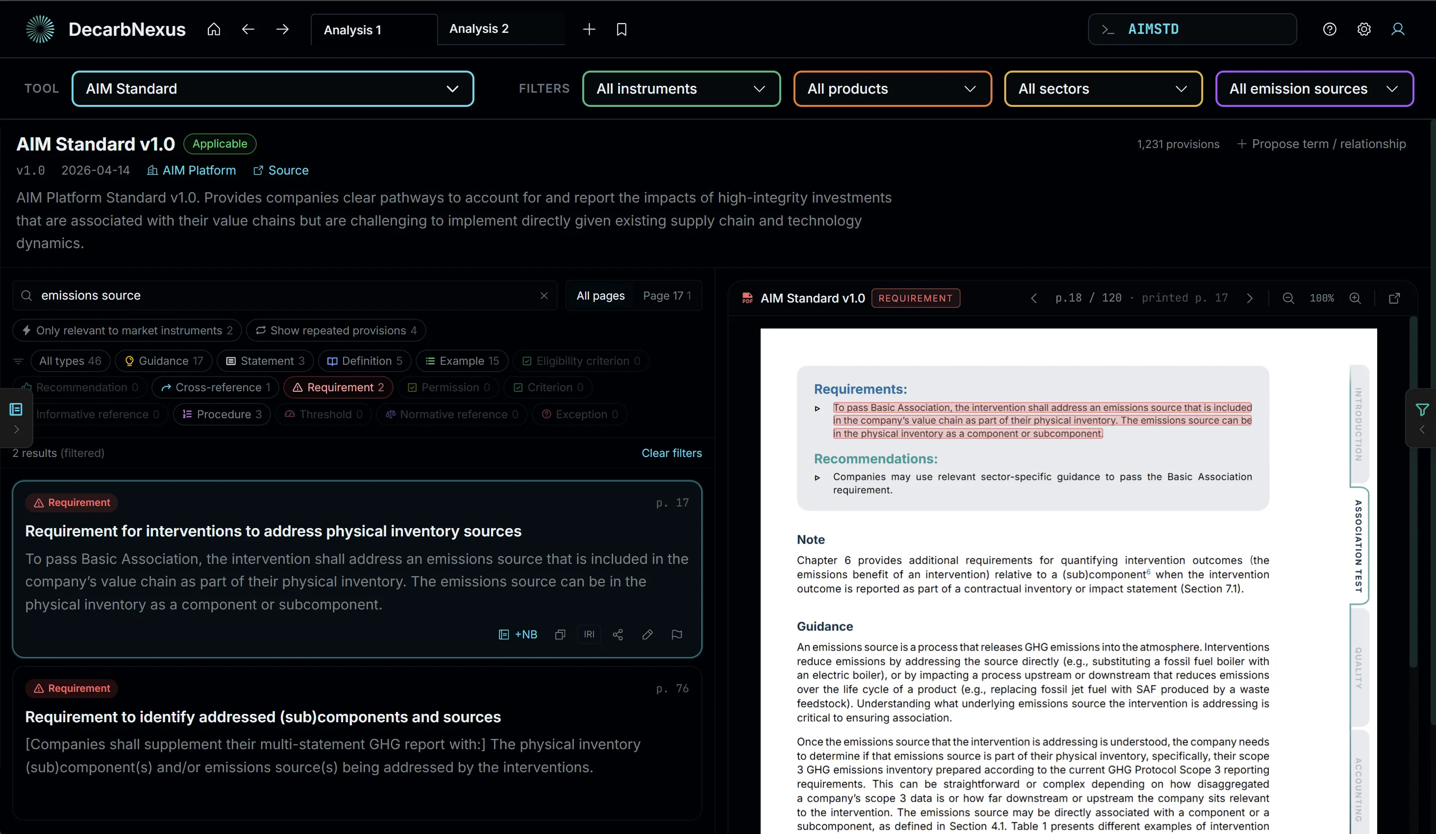 AIM Standard tool showing a requirement provision next to the highlighted passage in the source document