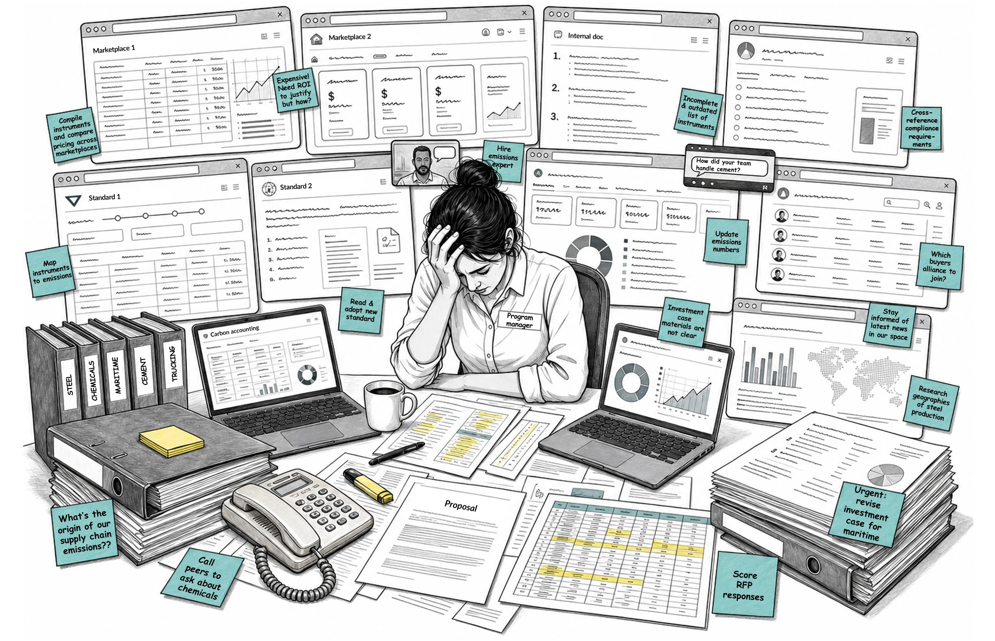 Sketch of an overwhelmed program manager surrounded by marketplace tabs, standards documents, carbon accounting files, binders by sector, and sticky notes such as compile instruments across marketplaces, map instruments to emissions, cross-reference compliance requirements, and urgent: revise investment case
